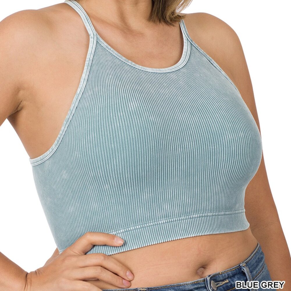 *NEW!* Zenana Blue Grey Plus Size Washed Ribbed Seamless Cropped Cami Top